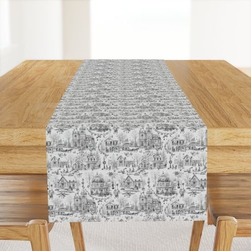 Victorian Christmas Village Toile Black and White Home Decor Collection Interior Collection winter village table runner design
