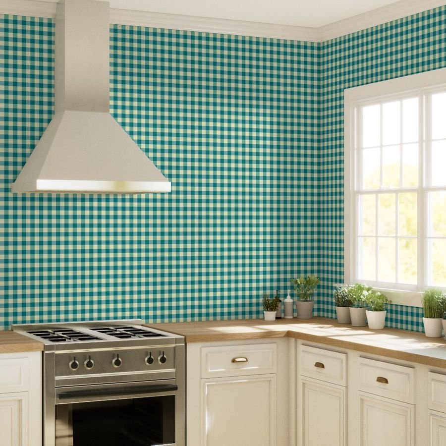 Teal and Cream White 2 Inch Gingham Wallpaper two color check wallpaper