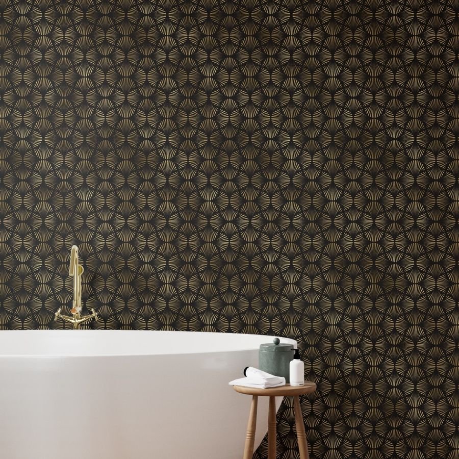 Vintage Foil Palm Fans in Black and Gold Art Deco Neo Classical Pattern Wallpaper black splayed fan wallpaper