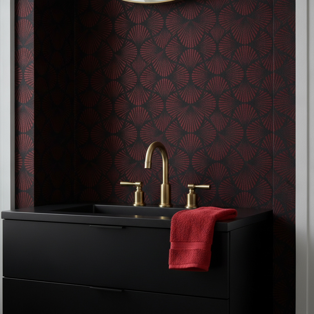 Close-up of a bathroom alcove with Art Deco fan pattern wallpaper in black and ruby red, black vanity, and aged brass faucet.