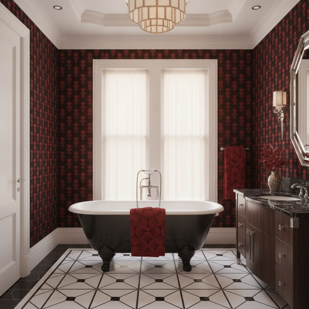 Wide shot of an elegant Art Deco bathroom with ruby red fan pattern wallpaper, a clawfoot tub, and vanity, accented with ruby red towels.