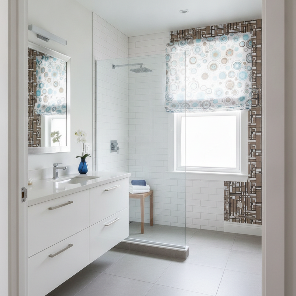 Wide shot of a bright, modern brown bathroom with a floating white vanity, large mirror, walk-in shower, and a brown geometric accent wallpaper.