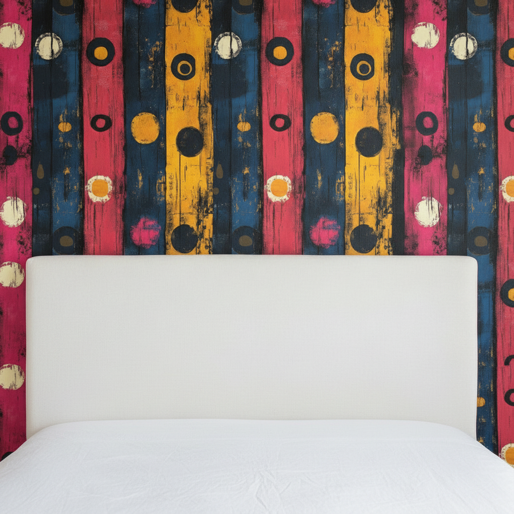 Close-up of a bedroom feature wall papered in Dashiki Fusion Bold Circles Yellow Pink and Blue on Black wallpaper, displaying its vibrant circular patterns and textured background behind a simple bed.