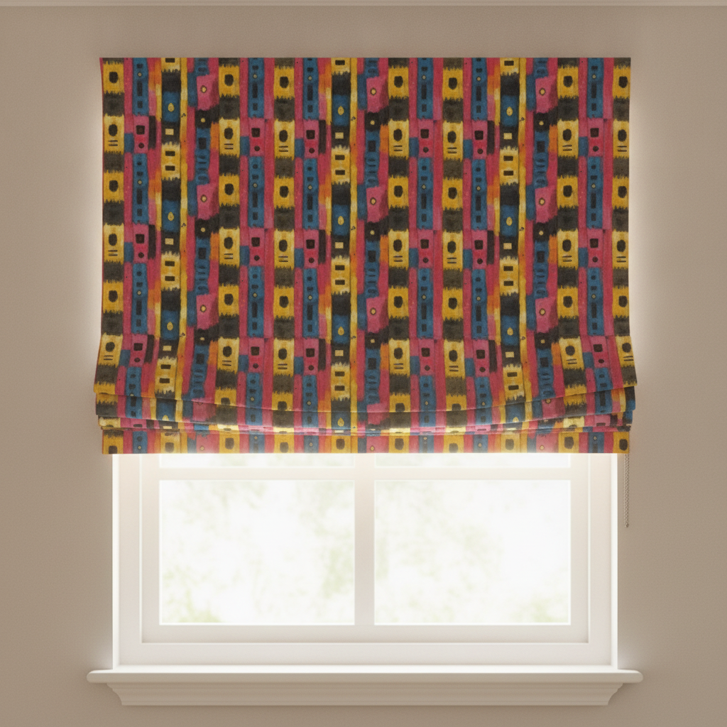 Roman blinds made from Dashiki Fusion Bold Brushstrokes Yellow Blue and Pink fabric, partially raised in a sunlit bedroom window, showcasing the vibrant Afrocentric pattern.