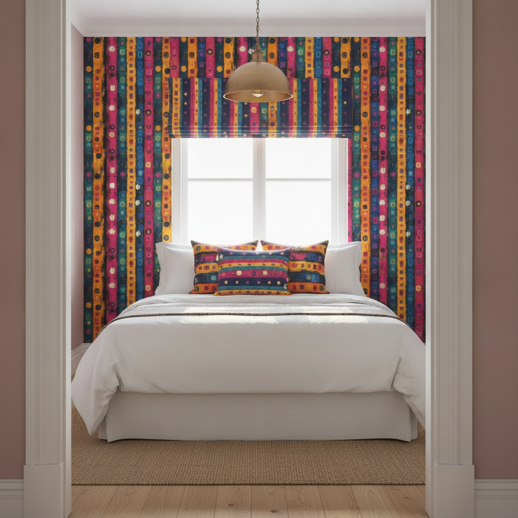 A vibrant tribal-style bedroom featuring a feature wall with Dashiki Fusion Bold Circles Yellow Pink and Blue on Black wallpaper, soft pink painted walls, and a bed dressed with white linen and various Dashiki Fusion pattern cushions.