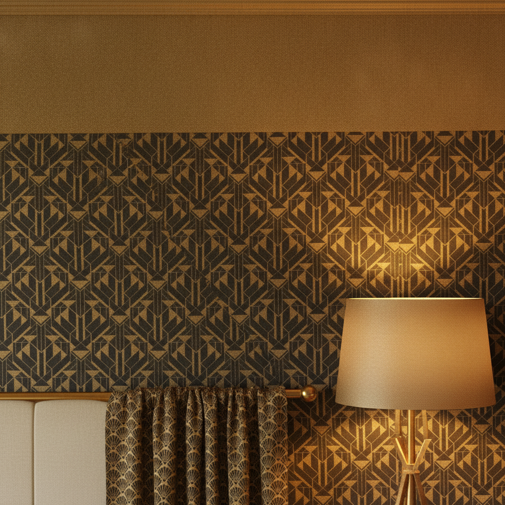 Detail of a bedroom feature wall, showing the geometric Art Deco Black and Gold Faux Foil wallpaper, illuminated by a bedside lamp.