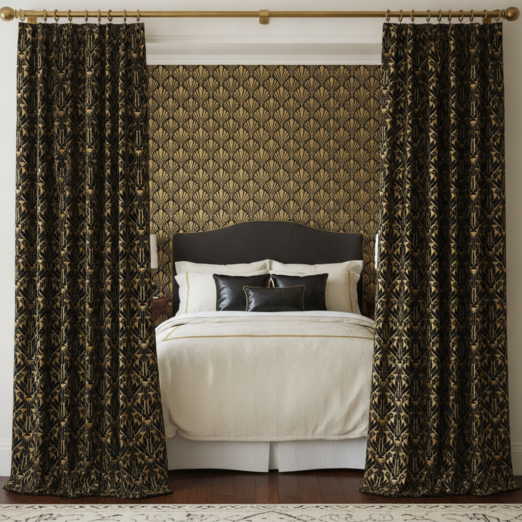 Bedroom alcove with Mini Scallop Shells wallpaper and matching geometric pattern fabric curtains on an aged brass rod.