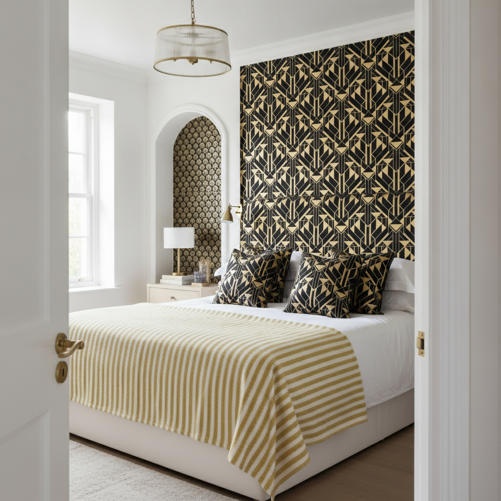 A complete view of a vintage gold bedroom, showcasing Art Deco geometric wallpaper on the headboard wall, scallop shell wallpaper in an alcove, and coordinated gold and cream fabrics for bedding, all within a bright, elegant setting.