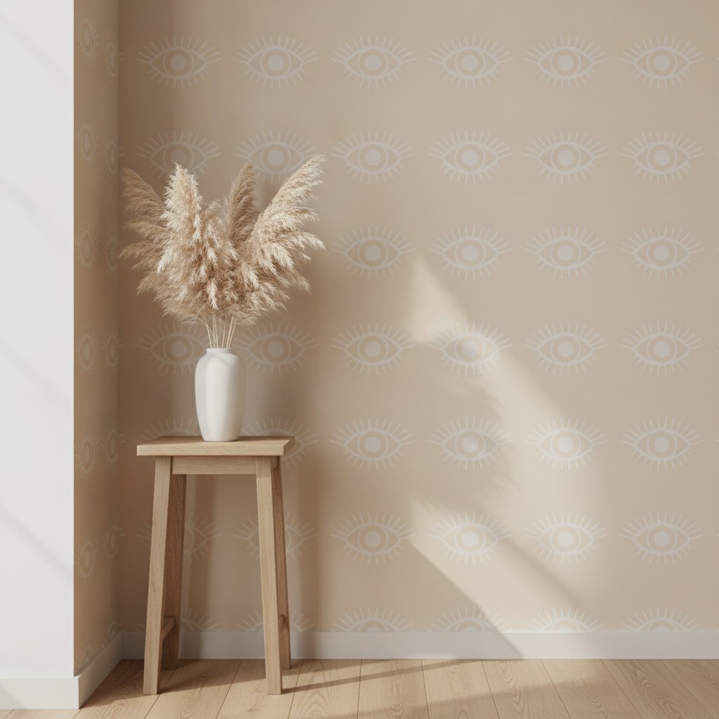 Dining room alcove featuring Mystical Eye Symbol in Warm Beige and Light Dove Grey Narrow Spaced wallpaper, a wooden side table, and pampas grass, showcasing a blend of bohemian and minimalist styles.