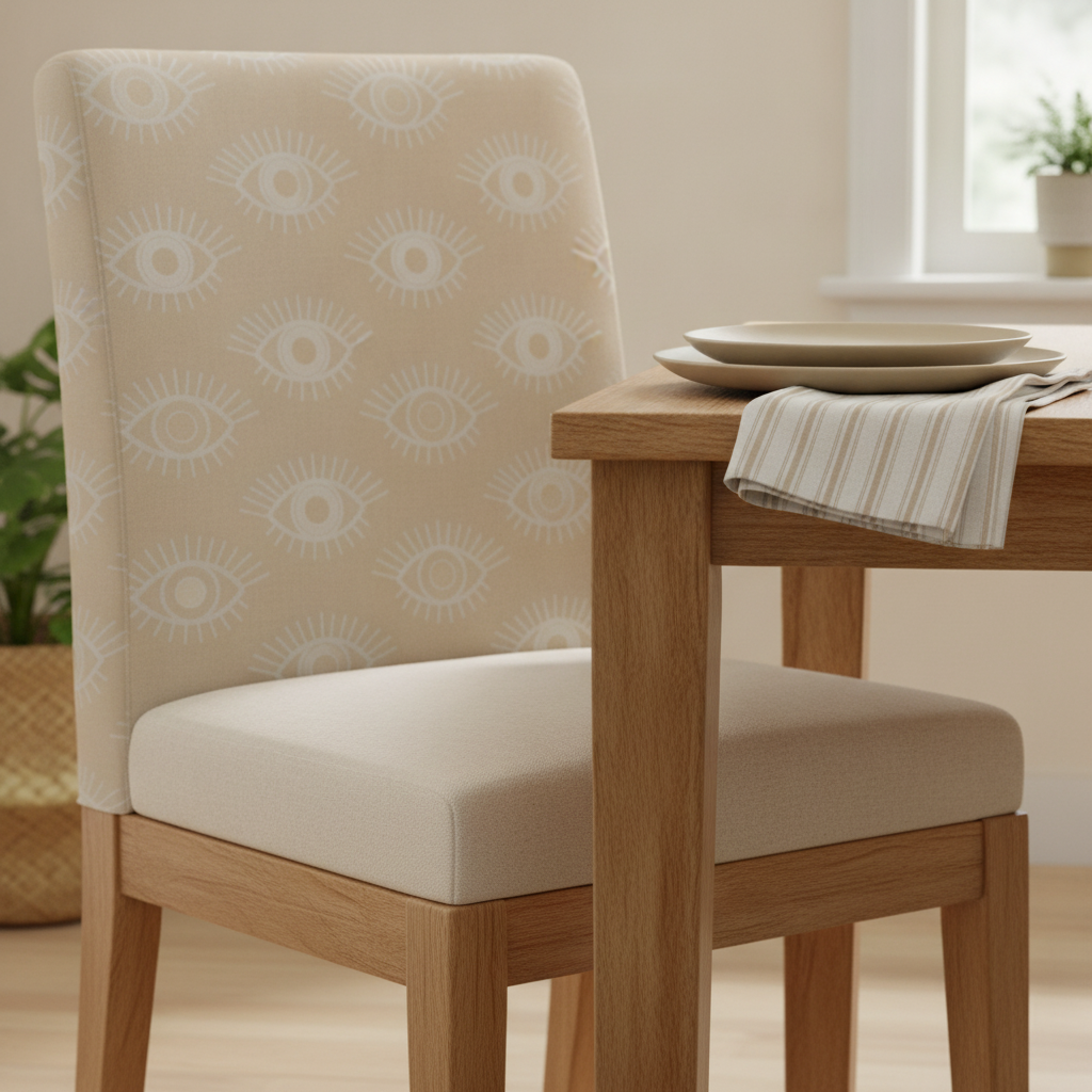 Bohemian dining chair upholstered in Mystical Eye Symbol in Warm Beige and Light Dove Grey Narrow Spcaed fabric, featuring a natural linen cushion and a wooden table setting with beige ceramics.