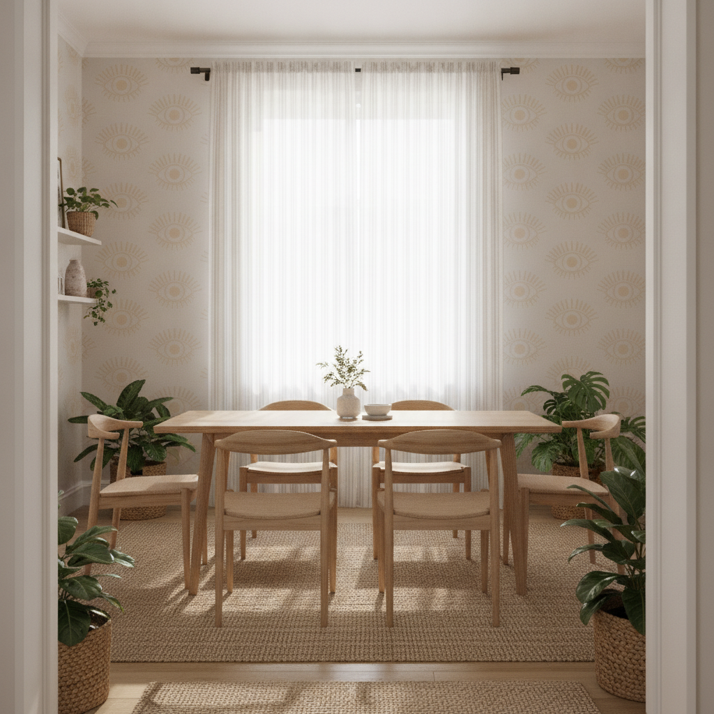 Wide shot of a serene bohemian dining room in beige and light grey, with a wooden dining set, eye symbol wallpaper on a feature wall, and soft cafe curtains, bathed in natural light.