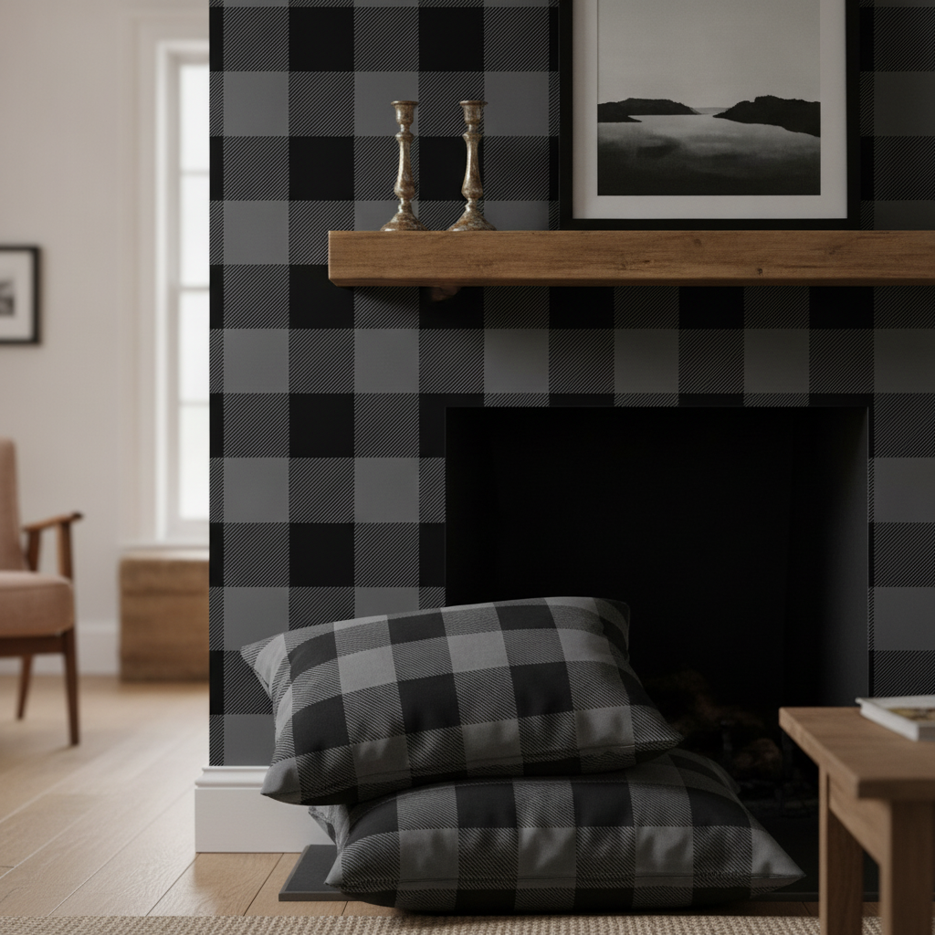 A cozy drawing room chimney breast featuring Jumbo Tincup Grey and Black Rustic Cowboy Cabin Buffalo Check wallpaper, flanked by floor cushions in the matching fabric.