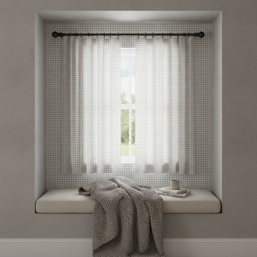 A drawing room window alcove with Driftwood Grey Gingham Check Plaid Pattern cafe curtains and matching wallpaper lining the alcove.