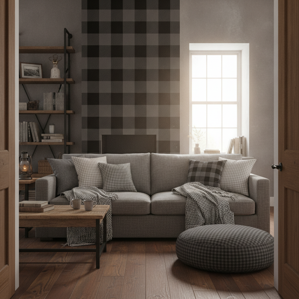 A wide shot of a rustic grey drawing room showcasing a cozy sofa, a bold buffalo check wallpapered chimney breast, and gingham curtains in a window alcove.