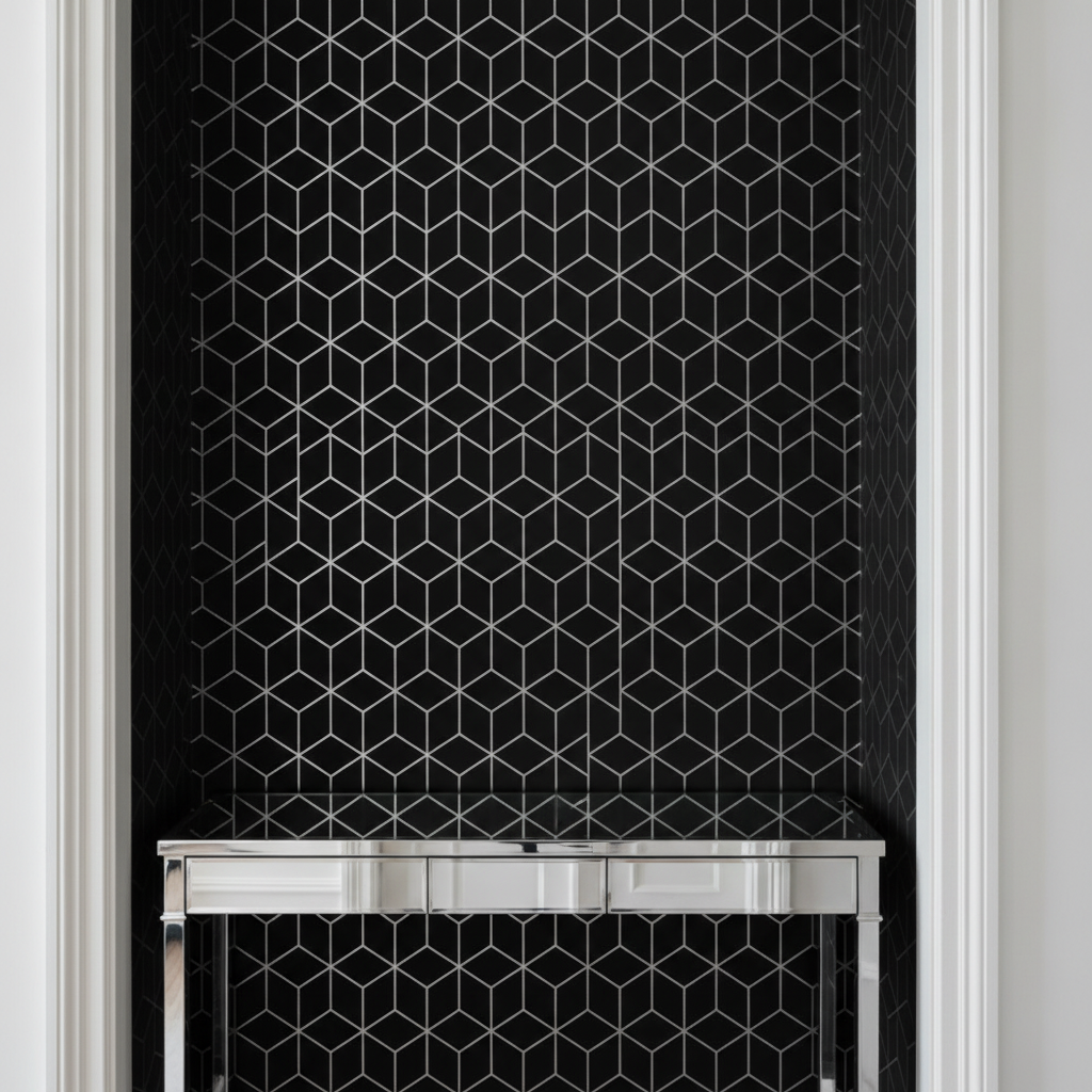 A detailed view of an Art Deco hallway alcove, showcasing 'Large Black and Faux Metallic Silver Art Deco 3D Geometric Cubes' wallpaper behind a slim polished chrome console table.