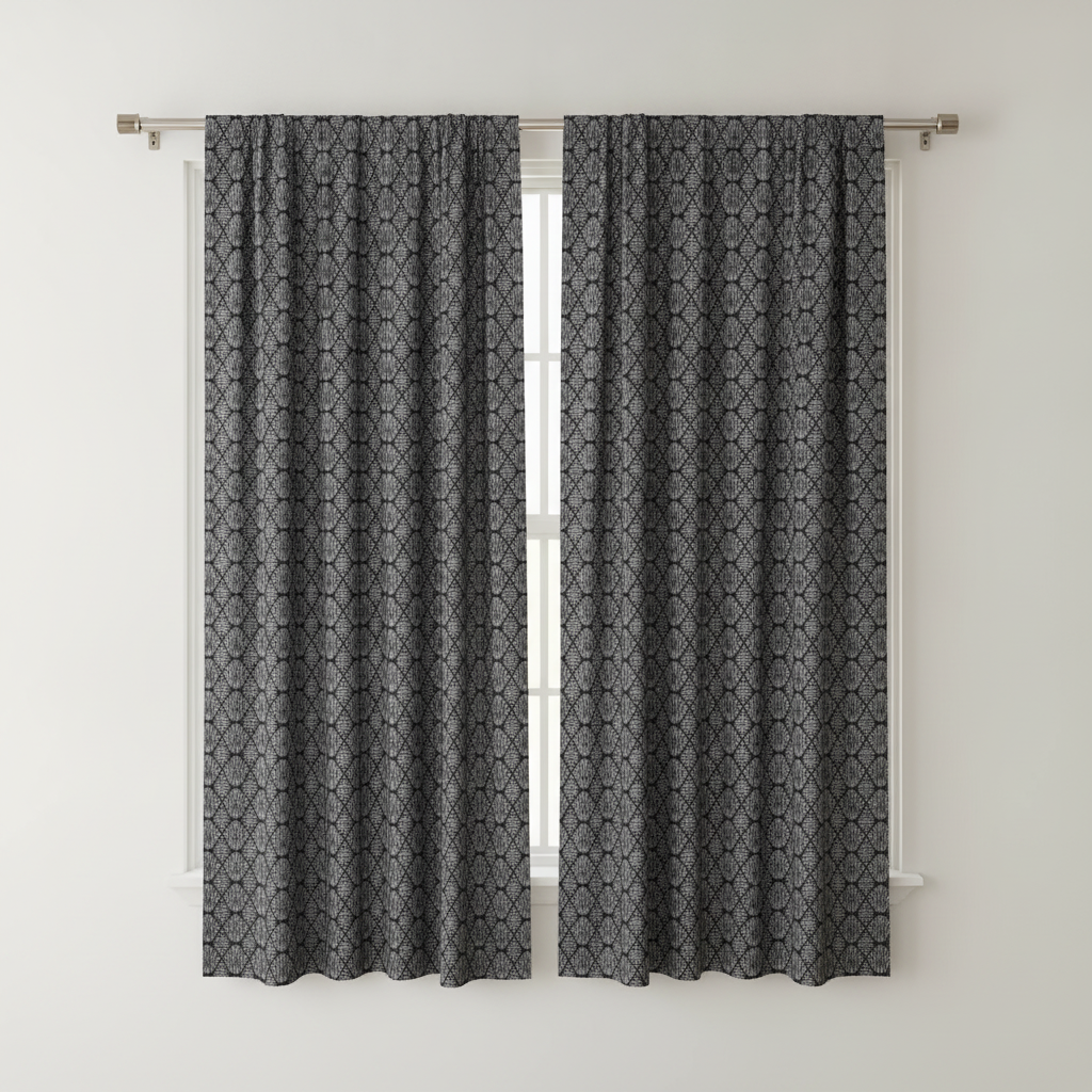 Two cafe curtains made from 'Diamond Chevrons in Black and Silver Vintage Faux Foil Art Deco Vintage' fabric, on a silver rod, partially covering a window in an Art Deco hallway.