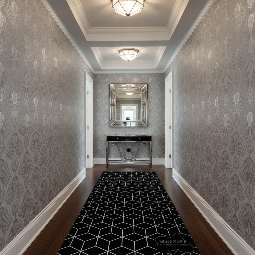 A wide view of a luxurious Art Deco hallway from the doorway, featuring silver-toned wallpaper ('Solid Silver Art Deco Lunar Fusion Collection'), a long runner, a console table with a mirror, and elegant lighting.