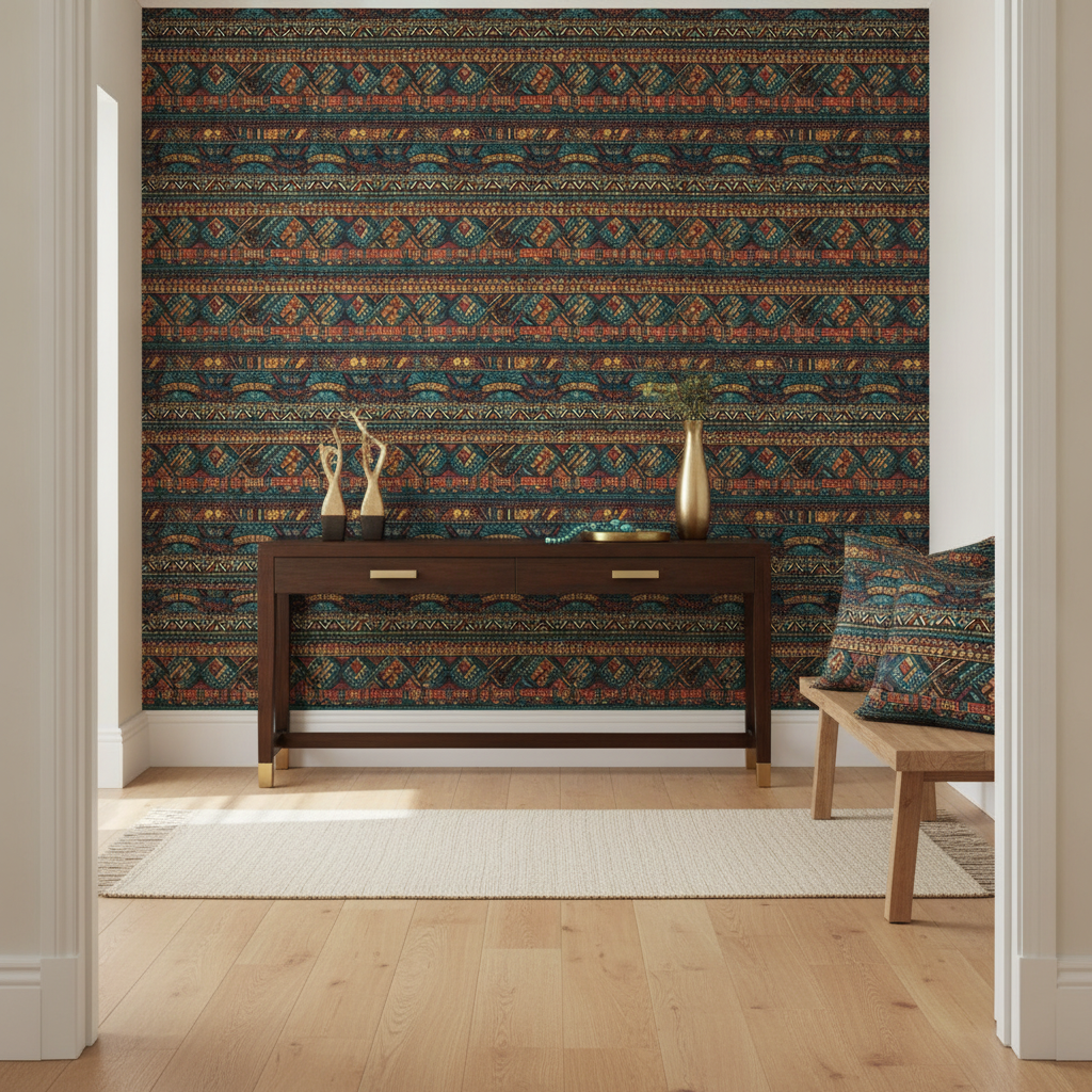 A full view of a warmly decorated tribal-style hallway, featuring a wallpapered accent wall in Tribal Mudcloth Boho Ethnic Print in Aqua Teal Gold and Orange, a dark wood console table with gold accents, and patterned fabric cushions on a bench, all bathed in natural light.