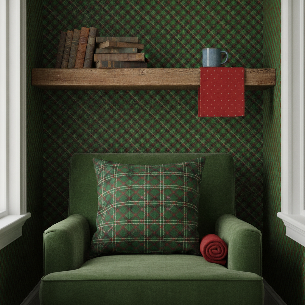 A cozy home office alcove with 'Christmas Holly Green Red and Black and Argyle Tartan Plaid with Crossed' wallpaper on the back wall and a matching fabric cushion on an armchair.