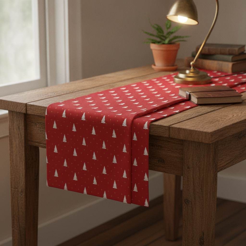 A rustic desk with a reversible fabric runner featuring a holly berry red solid on one side and red with white Christmas trees on the other, alongside an aged brass lamp.