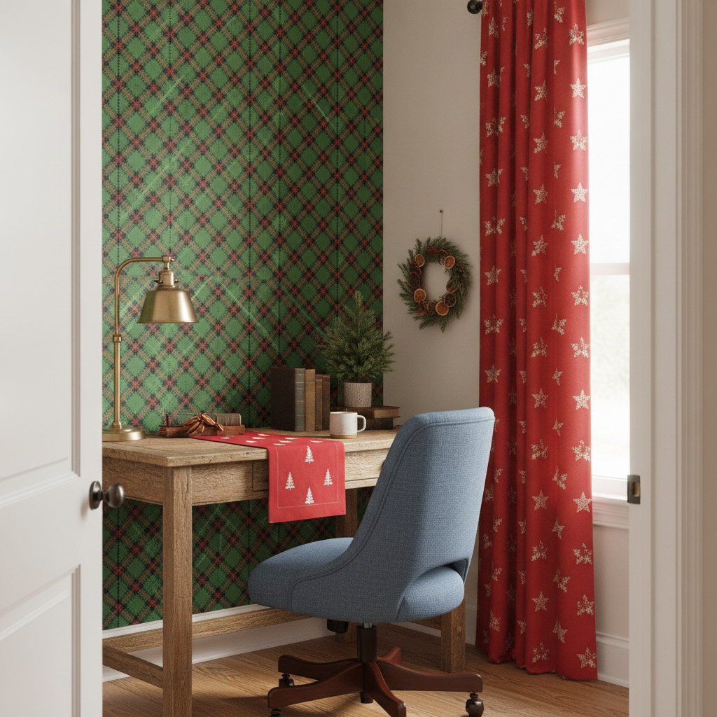 A wide view of a cottagecore home office with a 'Christmas Holly Green Red and Black and Argyle Tartan Plaid with Crossed' wallpapered feature wall, a denim blue chair, a festive desk runner, and 'Christmas Faux Gold Foil Star in Holly Berry Red' cafe curtains.