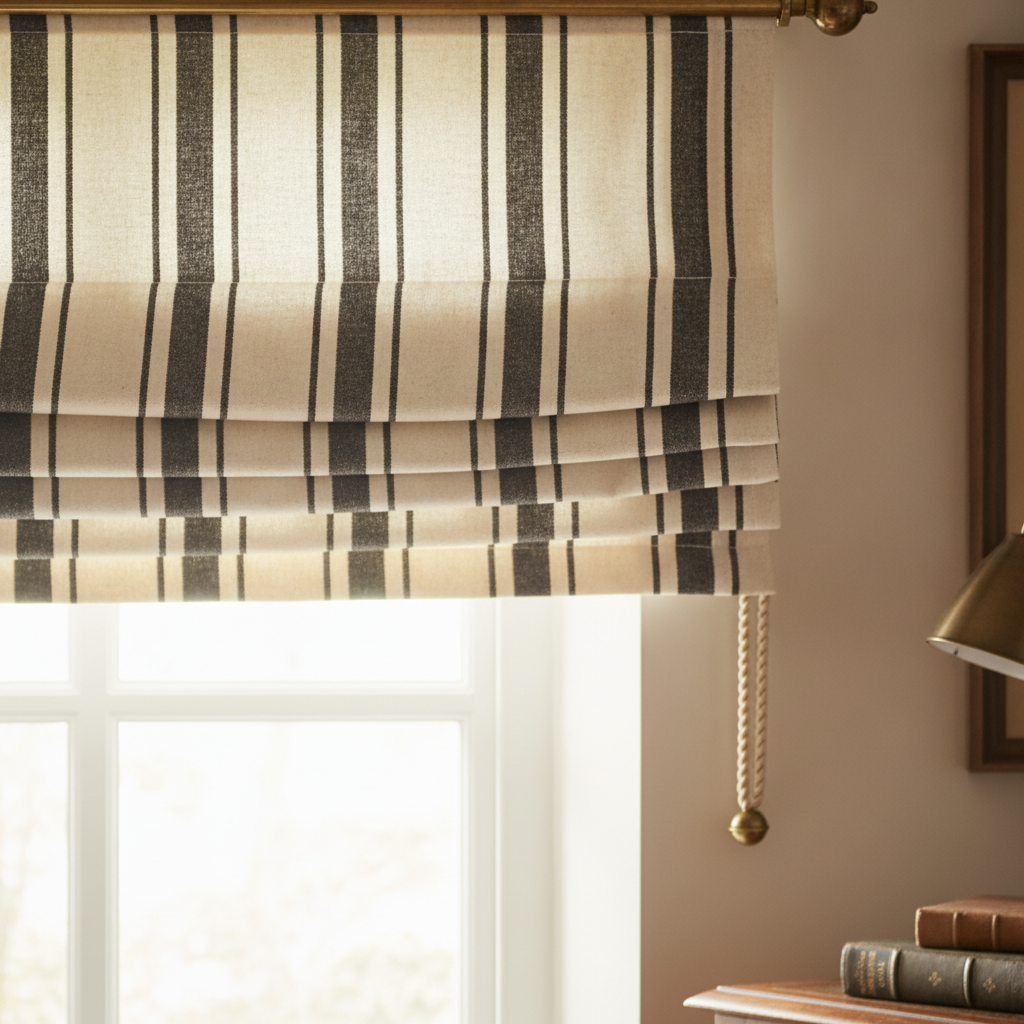 Roman blind in Coal Black Antique Vintage Mattress Ticking Stripe on Cream fabric, with aged brass hardware in a traditional home office.