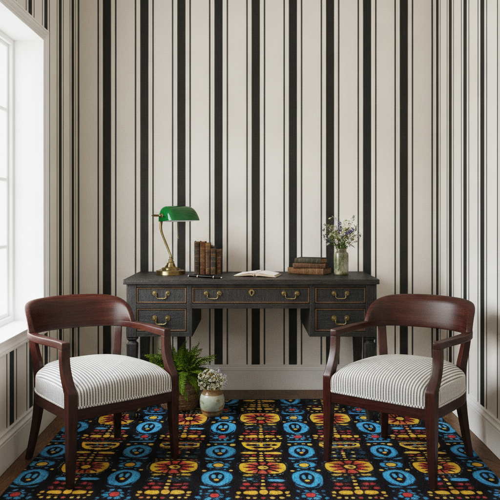 Traditional home office alcove wallpapered in Coal Black Antique Vintage Mattress Ticking Stripe on Cream, with dark wood furniture and ticking stripe upholstered chairs.