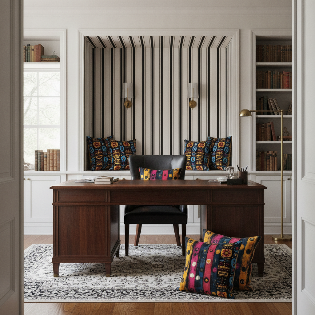 Wide shot of a traditional black and off-white home office with ticking stripe wallpaper, dark wood desk, leather armchair, and colourful Dashiki Fusion accent cushions.