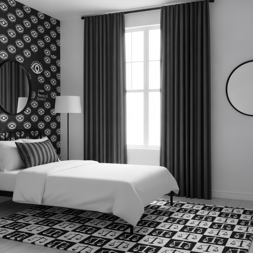 Modern kids' room corner with black and faded black cabana stripe curtains and matching cushion on a bed, showcasing sophisticated monochrome design.