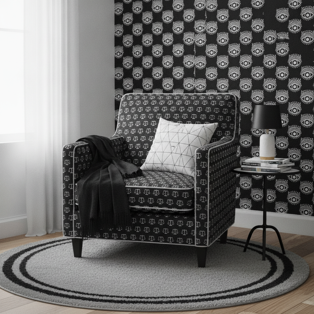 Close-up of a modern kids' reading nook with Spaced Mystical Eye Symbols wallpaper on the back wall and a chair upholstered in Small Black and White Scales of Justice fabric.
