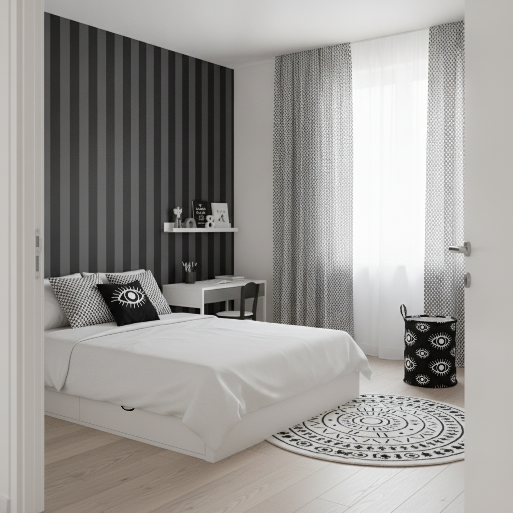Wide view of a modern black and white kids' room featuring a striped wallpaper accent wall, clean lines, and geometric fabric details, designed for a sophisticated yet playful atmosphere.