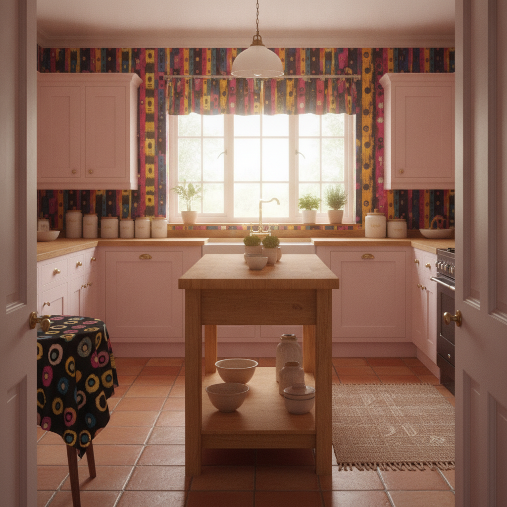 A traditional kitchen painted in soft pink, viewed from the doorway. It features custom cabinetry, a wooden kitchen island, a window with cafe curtains, and a feature wall covered in a vibrant brushstroke wallpaper in pink, yellow, and blue.