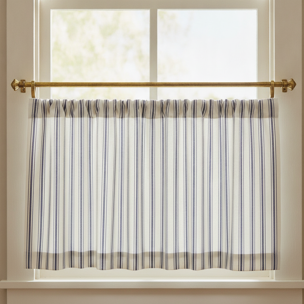 A close-up of a laundry room window featuring a cafe curtain made from classic deep midnight blue ticking stripe fabric, hung on an aged brass rod.