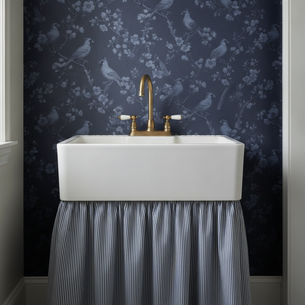 A detailed view of a laundry room wall covered in deep navy toile wallpaper featuring cardinal birds and botanical branches, with a white utility sink and aged brass tap.