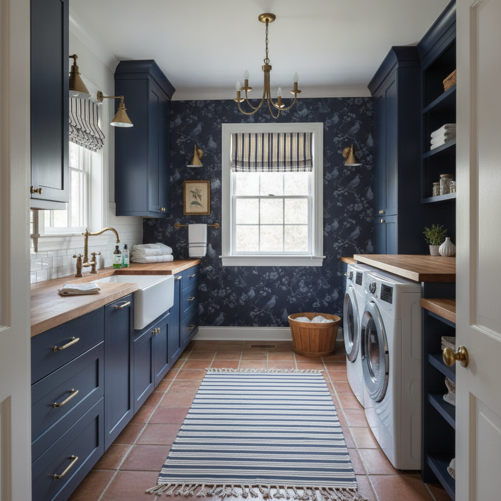 A full view of a charming vintage navy laundry room, showcasing deep navy cabinets, toile wallpaper, ticking stripe curtains, and aged brass hardware under bright natural light.