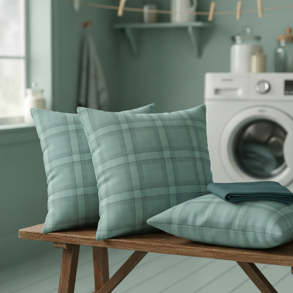Two square cushions made from a soft dusty teal and misty aqua wool-texture tartan plaid fabric resting on a weathered wooden bench in a laundry room, with a folded teal hand towel on the cushions.