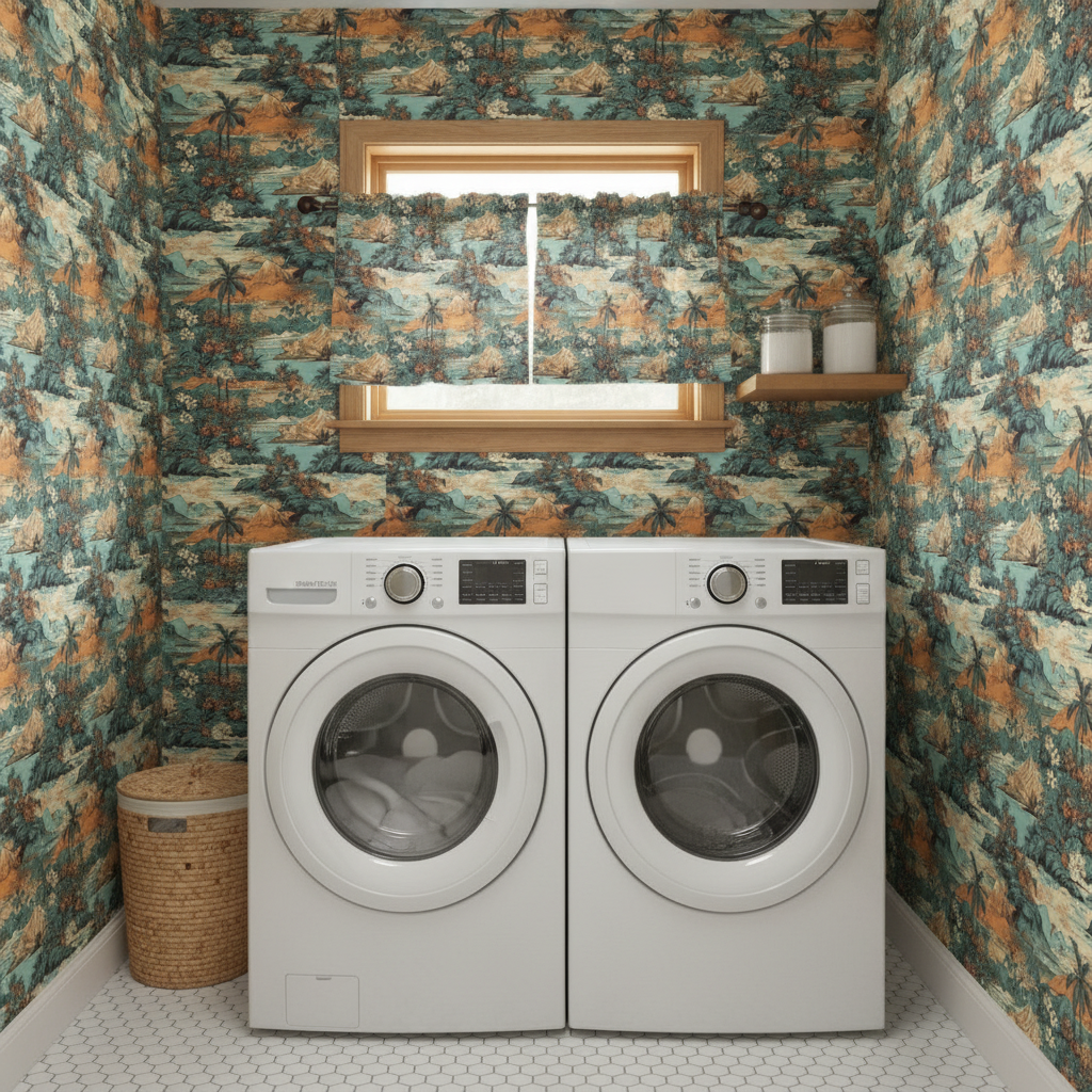 A laundry nook with a washing machine and dryer, where the back wall is covered in Vintage Hawaiian Landscape Teal wallpaper featuring an old Hawaii landscape in teal, complemented by matching fabric cafe curtains on a small window above a utility sink.