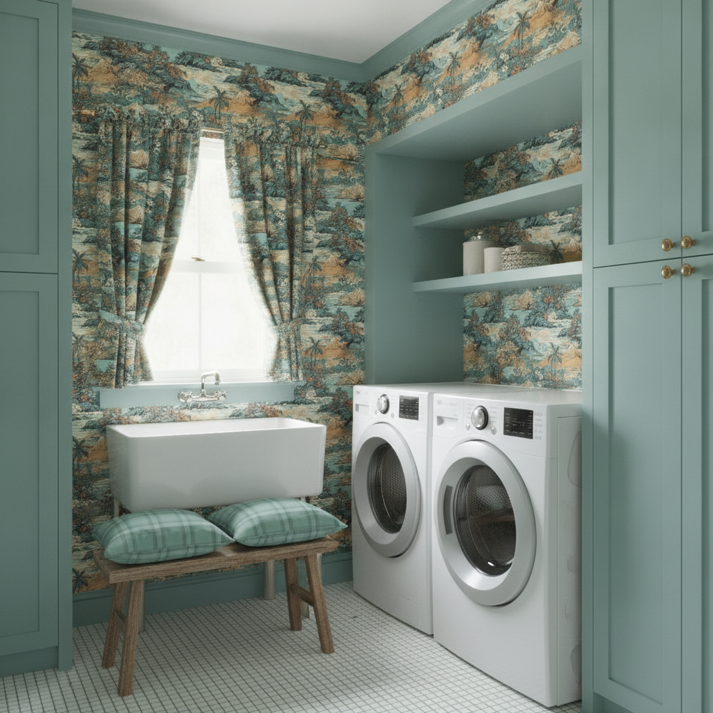 A bright, inviting vintage teal laundry room from a wide angle, showcasing a feature wall with Vintage Hawaiian Landscape Teal wallpaper behind laundry appliances, coordinating fabric cafe curtains, a plaid-cushioned bench, and subtle gold-foiled Art Deco pattern accents within shelving.