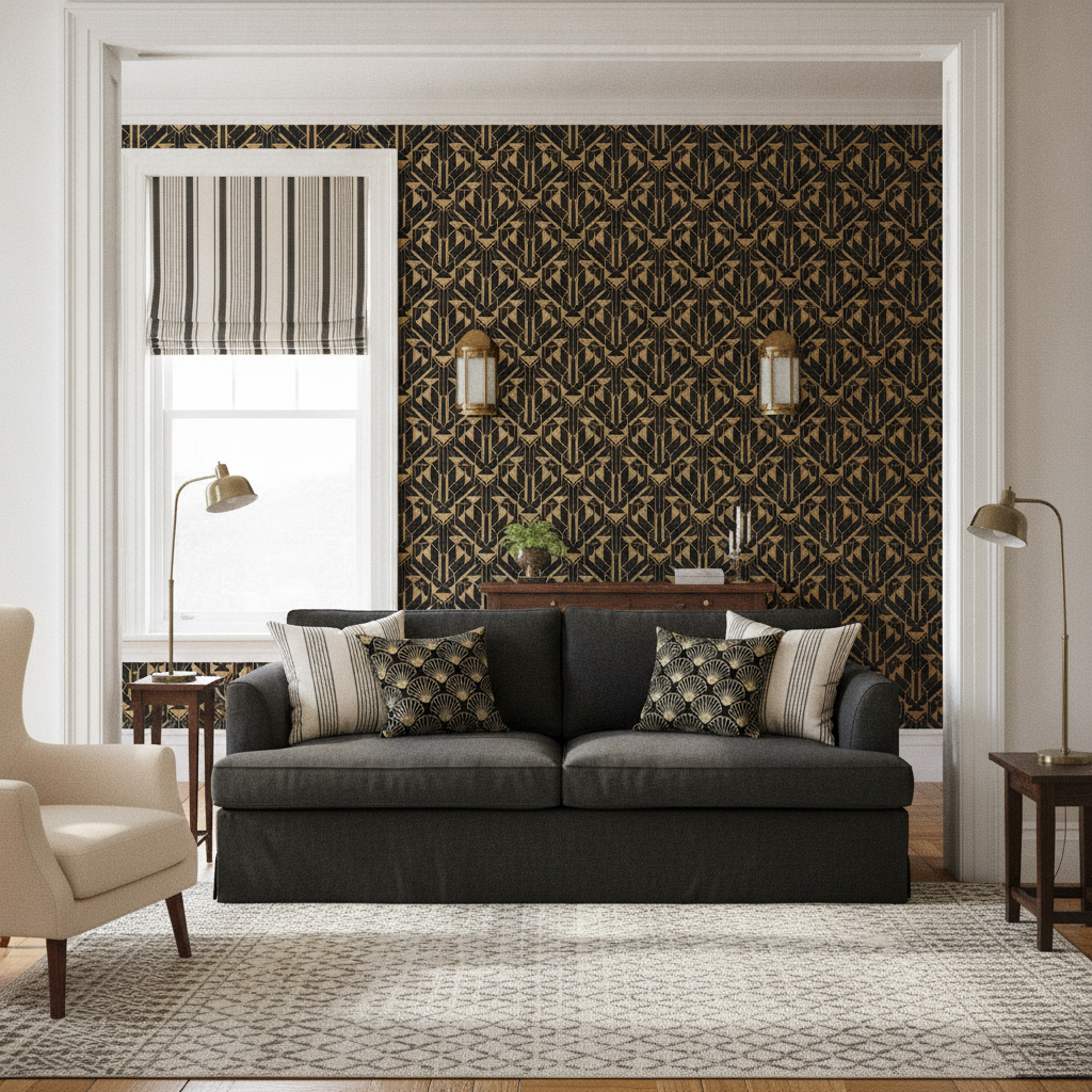 A wide shot of an elegant vintage living room with black and gold geometric wallpaper, a black linen sofa with patterned cushions, and a ticking stripe Roman blind.