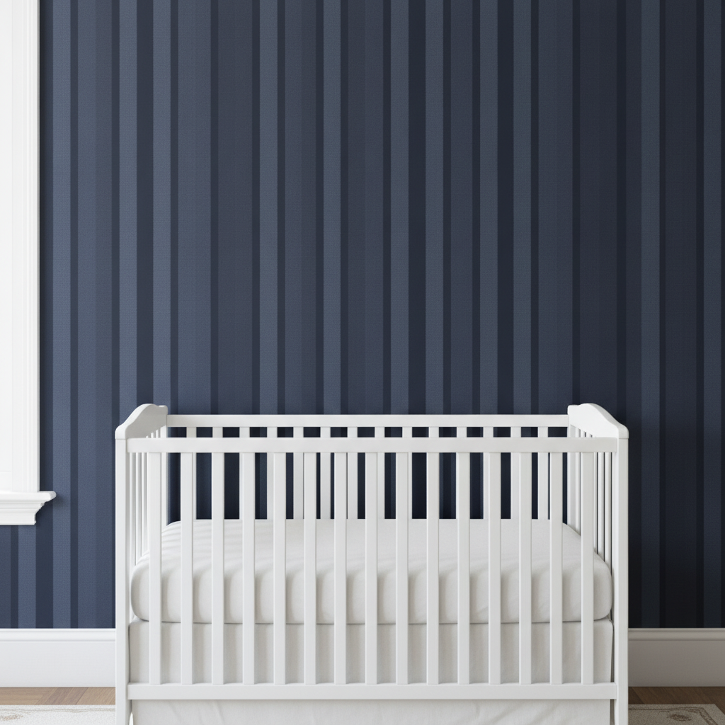 A nursery feature wall adorned with Large Navy Shades Modern Interior Design Stripe wallpaper behind a white wooden crib.