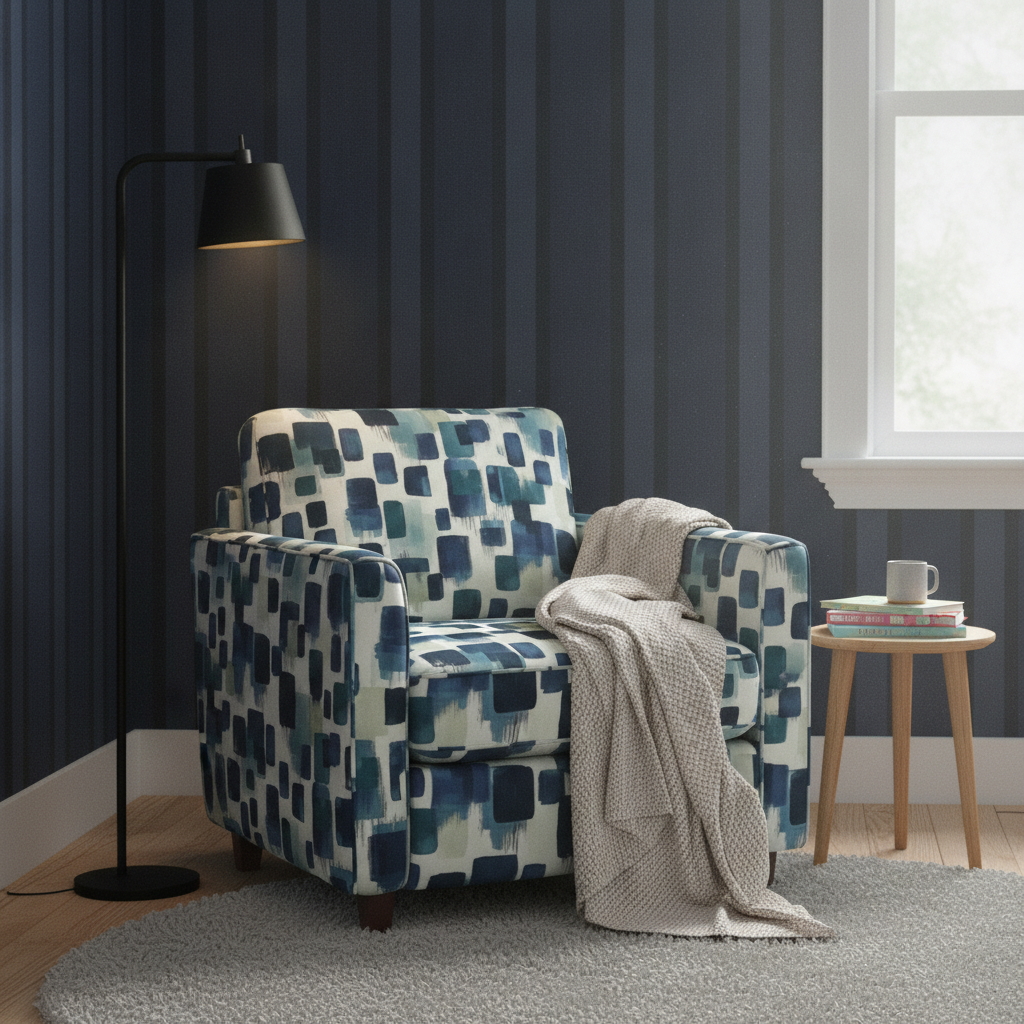 A reading corner with an armchair upholstered in Abstract Brushstroke Blocks in Navy Teal and Soft Cream fabric and a cream throw.