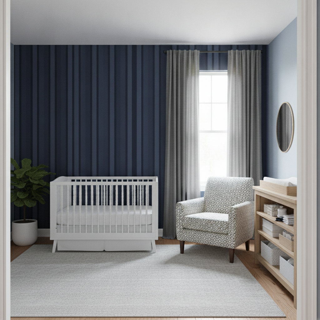 A wide view of a modern navy nursery featuring a striped wallpaper, a patterned armchair, and a changing station.