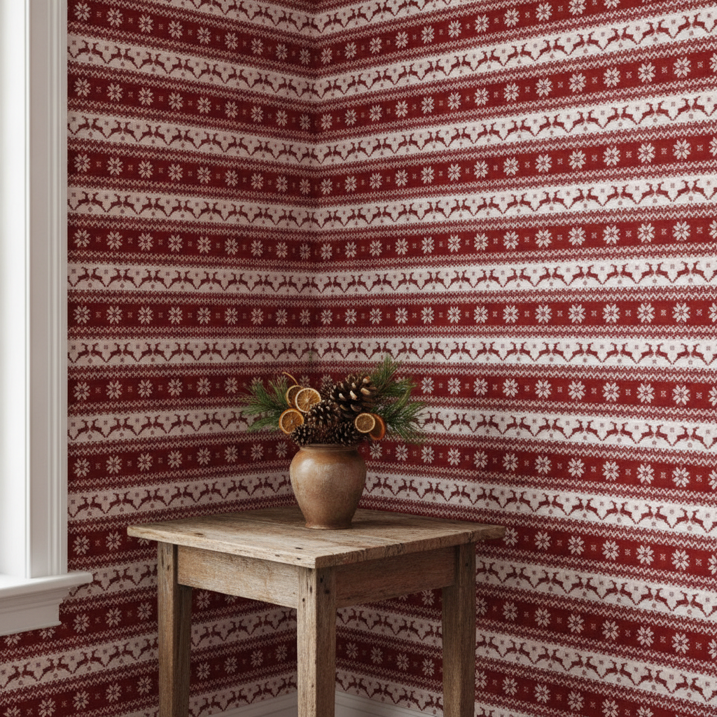 Rustic dining room wall papered in a dark Christmas candy apple red Nordic reindeer and poinsettia stripe, beside a wooden table with dried oranges.