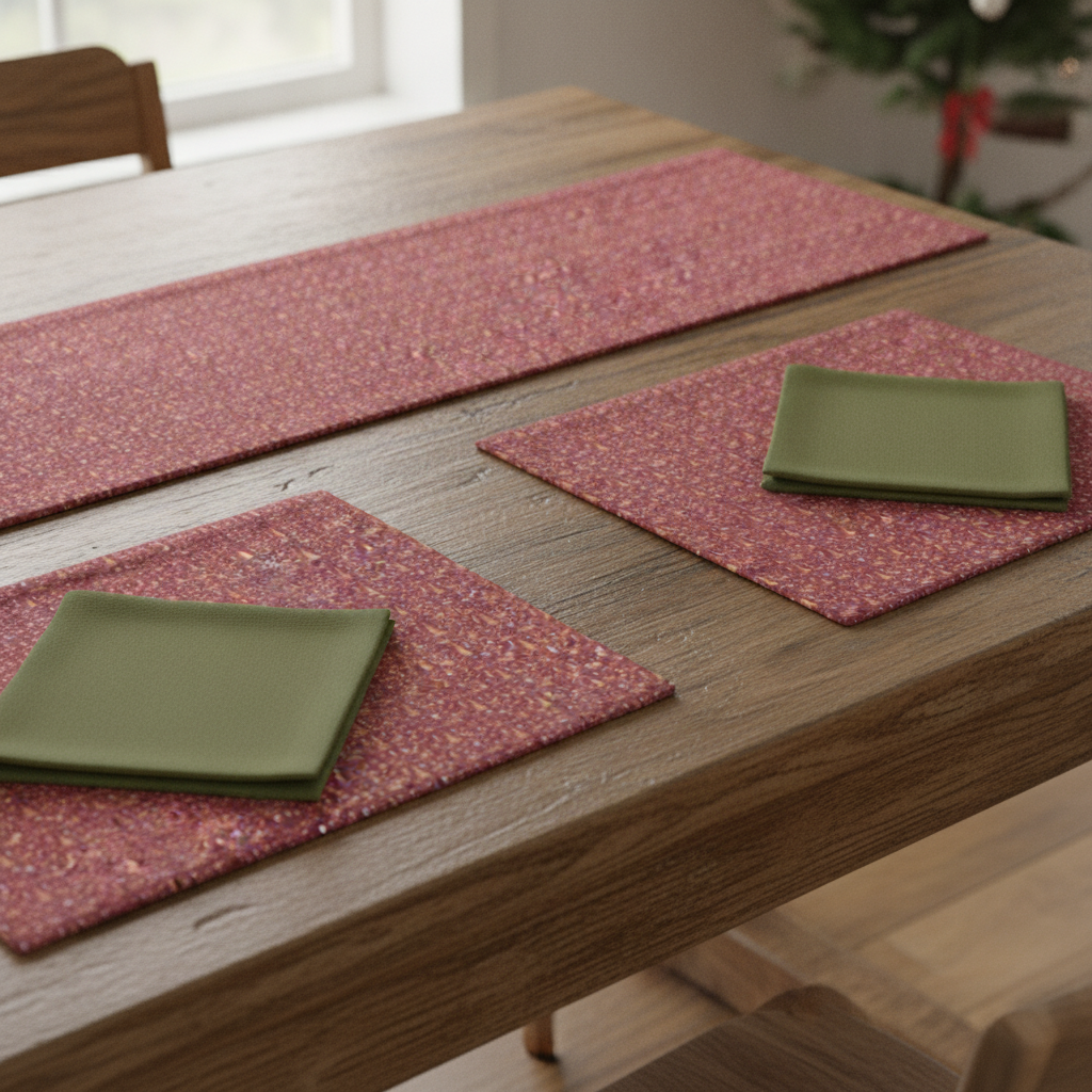 Close-up of a rustic dining table with a cranberry red table runner featuring golden Christmas motifs, matching placemats, and olive green napkins.
