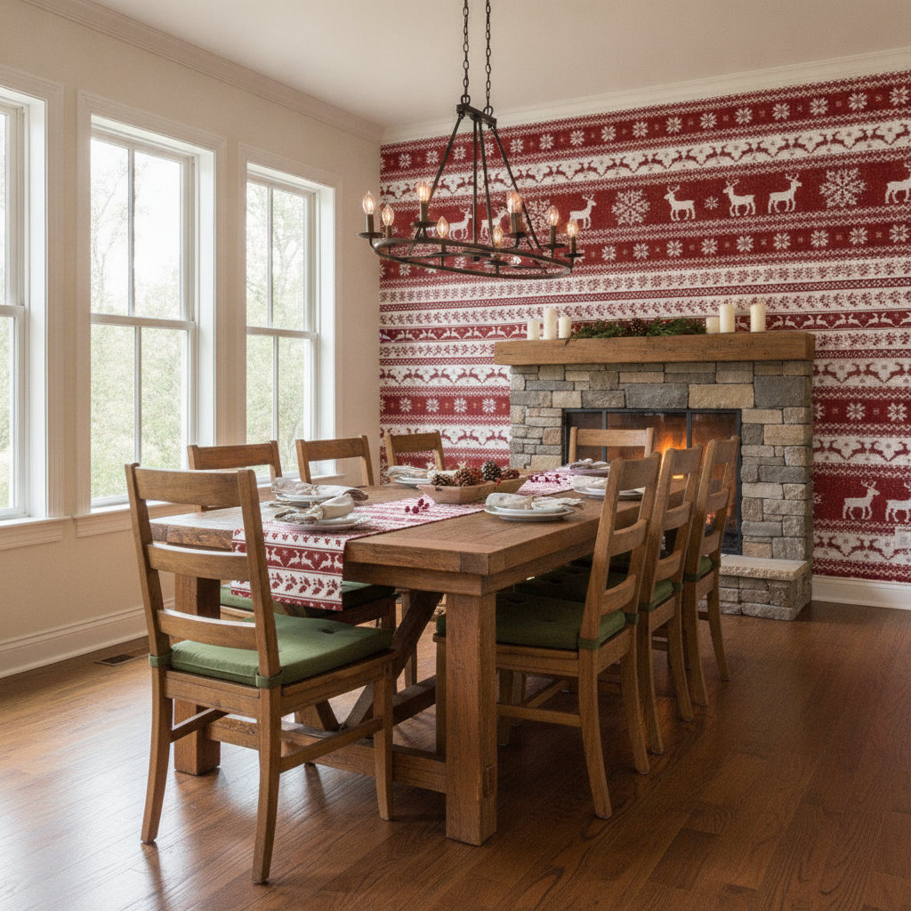 Wide view of a rustic dining room showcasing a long wooden table, olive green cushioned chairs, and a red Nordic reindeer stripe wallpapered feature wall, ready for the reindeer season.