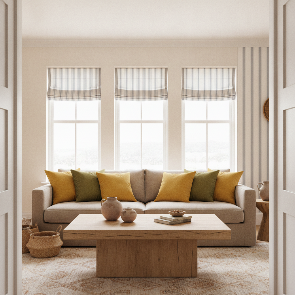 Full view of a warm, tribal-styled living room with yellow and green accents, natural wood furniture, striped window treatments, and soft lighting, seen from the entrance.